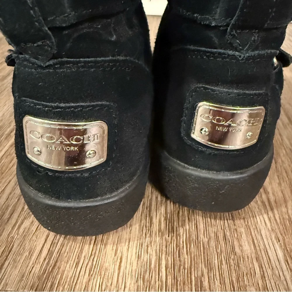 Coach Y2K Thelma Boots Women 5.5 Black Signature Embossed Suede Buckle Fur Lined
